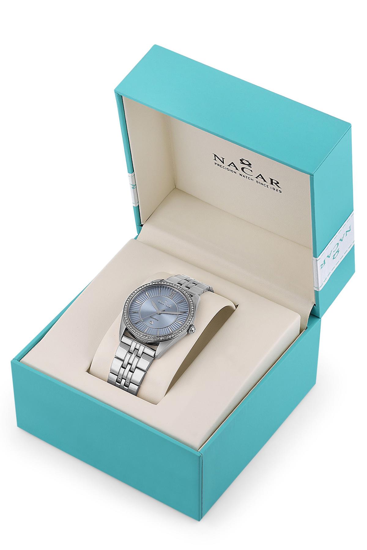Nacar 3439B677-ALMS Takvimli 33 mm Gri Metal Kordon Analog Kadın Kol Saati