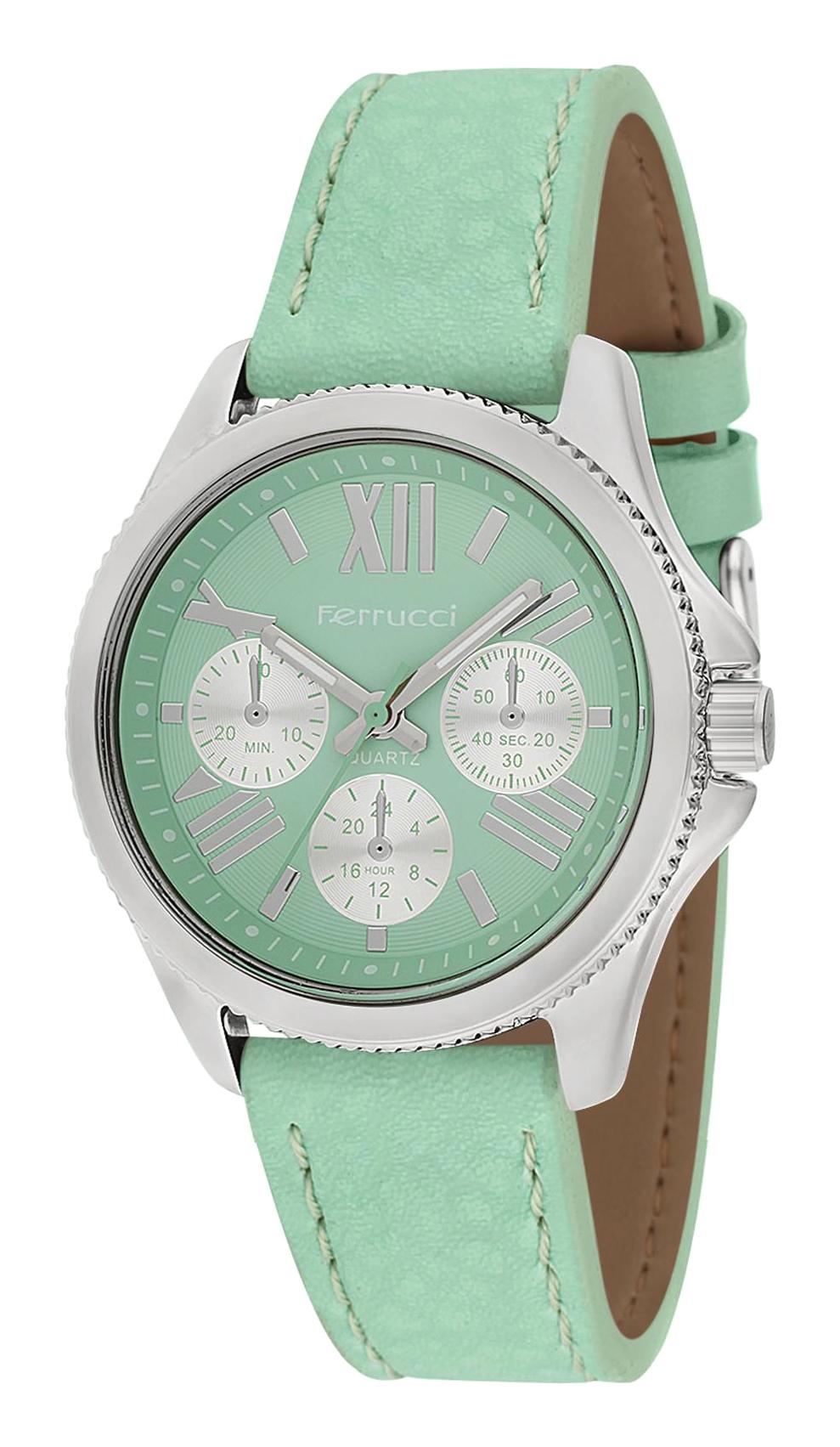 Ferrucci 8FK20 Takvimli 38 mm Yeşil Deri Kordon Analog Kadın Kol Saati