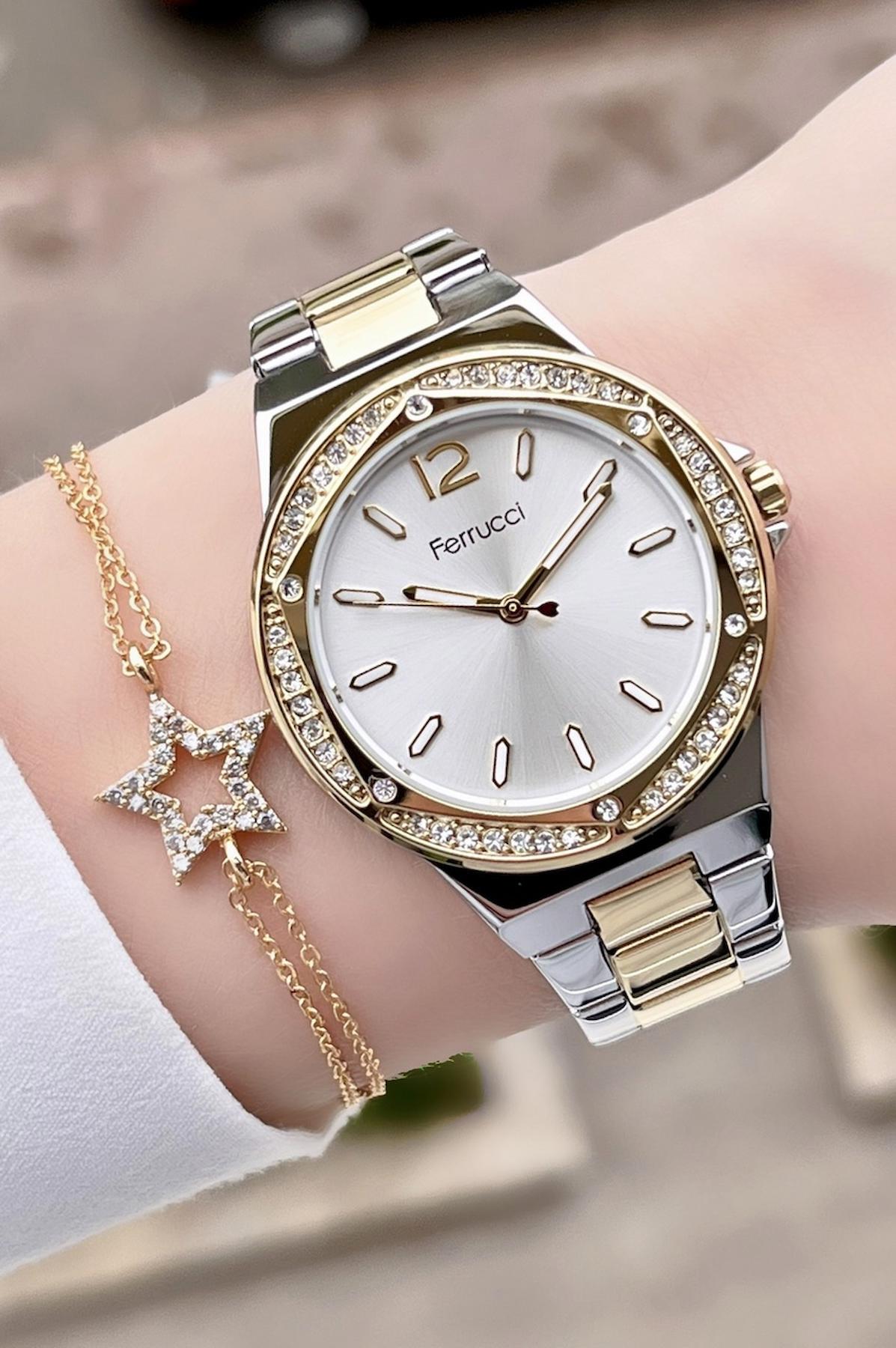 Ferrucci FCISTE53 35 mm Altın-Gri Çelik Kordon Analog Kadın Kol Saati