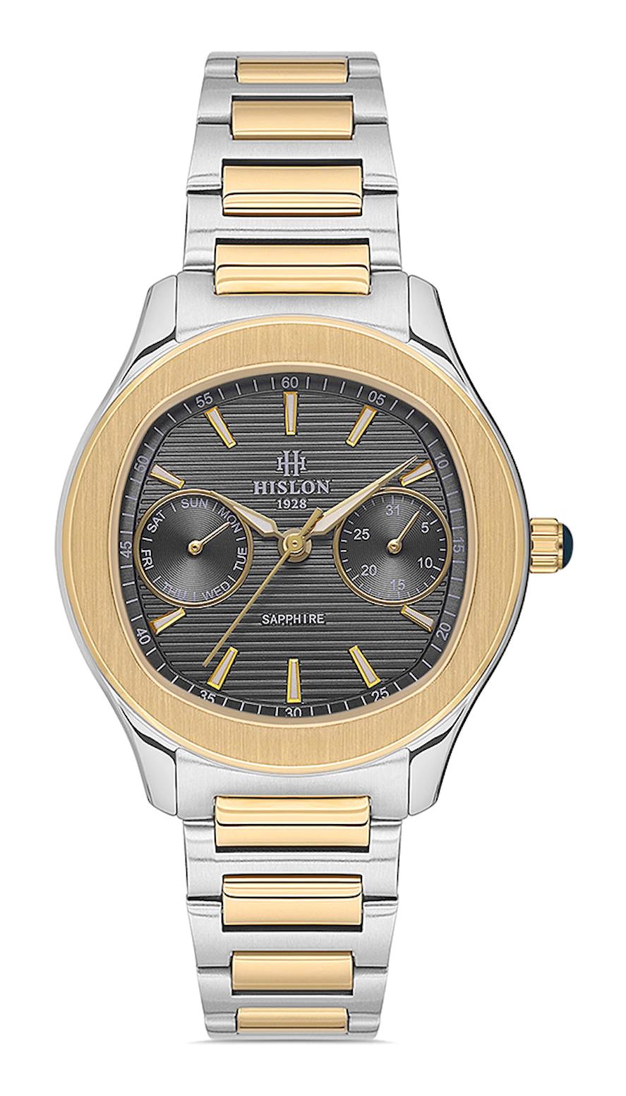 Hislon QT148T-03SG Takvimli 33 mm Altın-Gri Çelik Kordon Analog Kadın Kol Saati