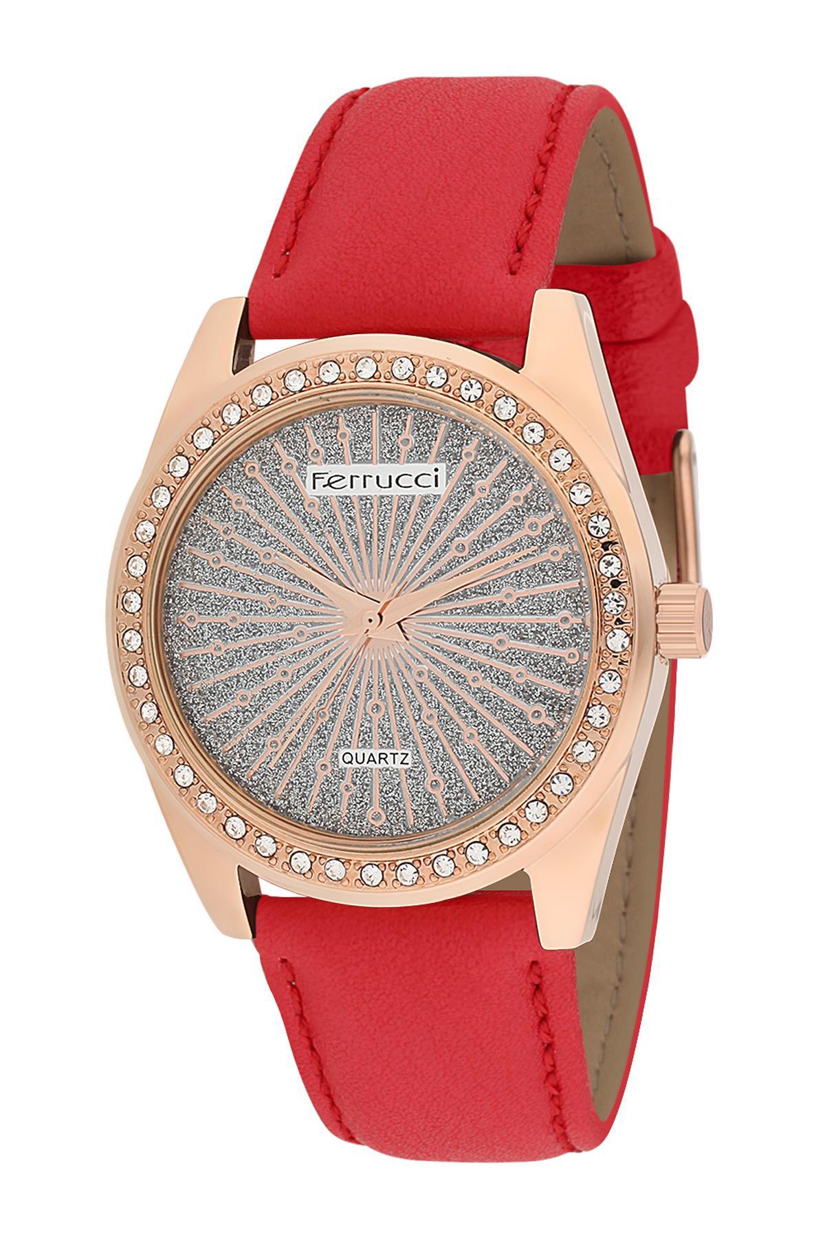 Ferrucci 2FK2074 38 mm Kırmızı Deri Kordon Analog Kadın Kol Saati