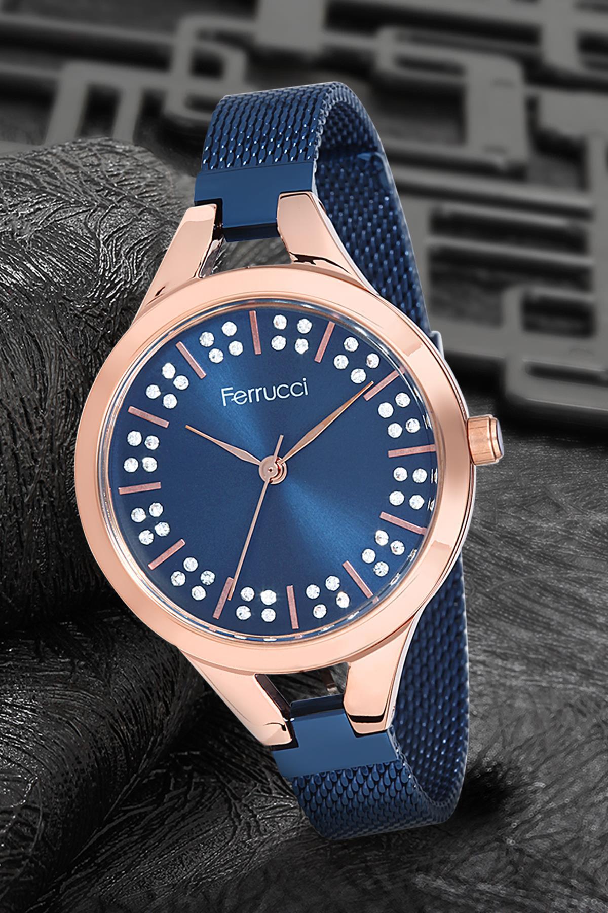 Ferrucci 9FM1568 38 mm Lacivert Çelik-Hasır Kordon Analog Kadın Kol Saati