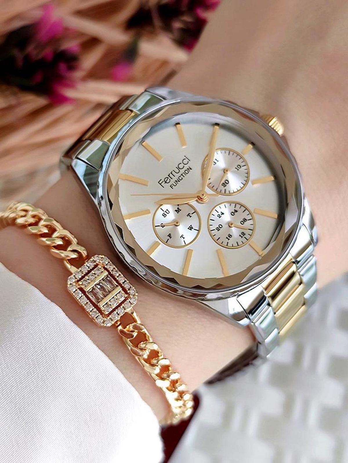 Ferrucci BLKT.1.10 Takvimli 38 mm Altın-Gri Çelik Kordon Analog Kadın Kol Saati