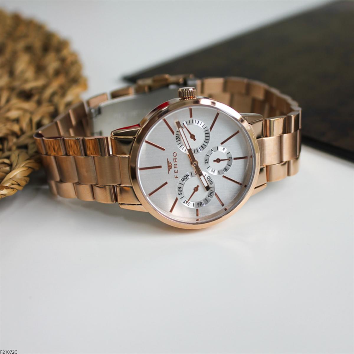 Ferro F21072C Takvimli 36 mm Rose Gold Metal Kordon Analog Kadın Kol Saati