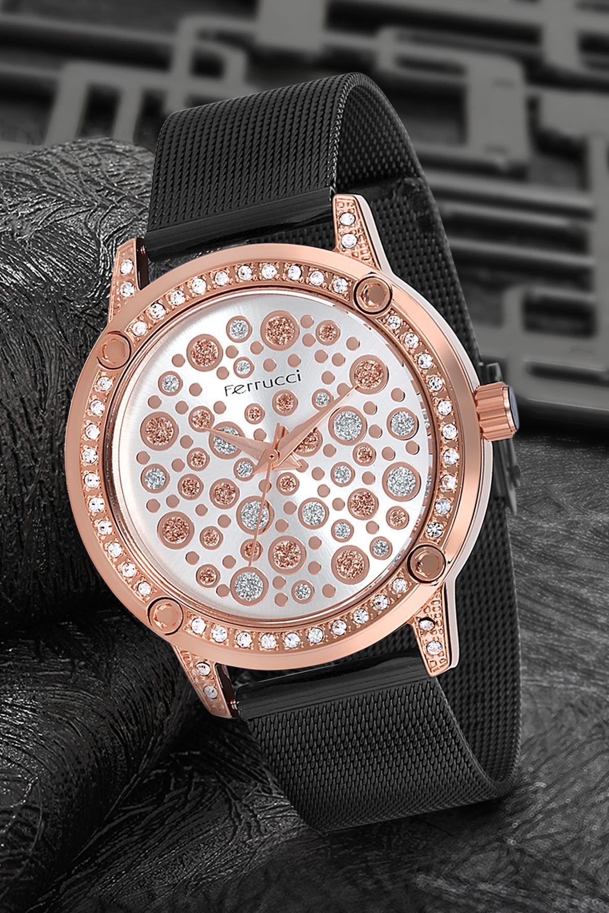 Ferrucci 9FM1518 38 mm Siyah Çelik-Hasır Kordon Analog Kadın Kol Saati