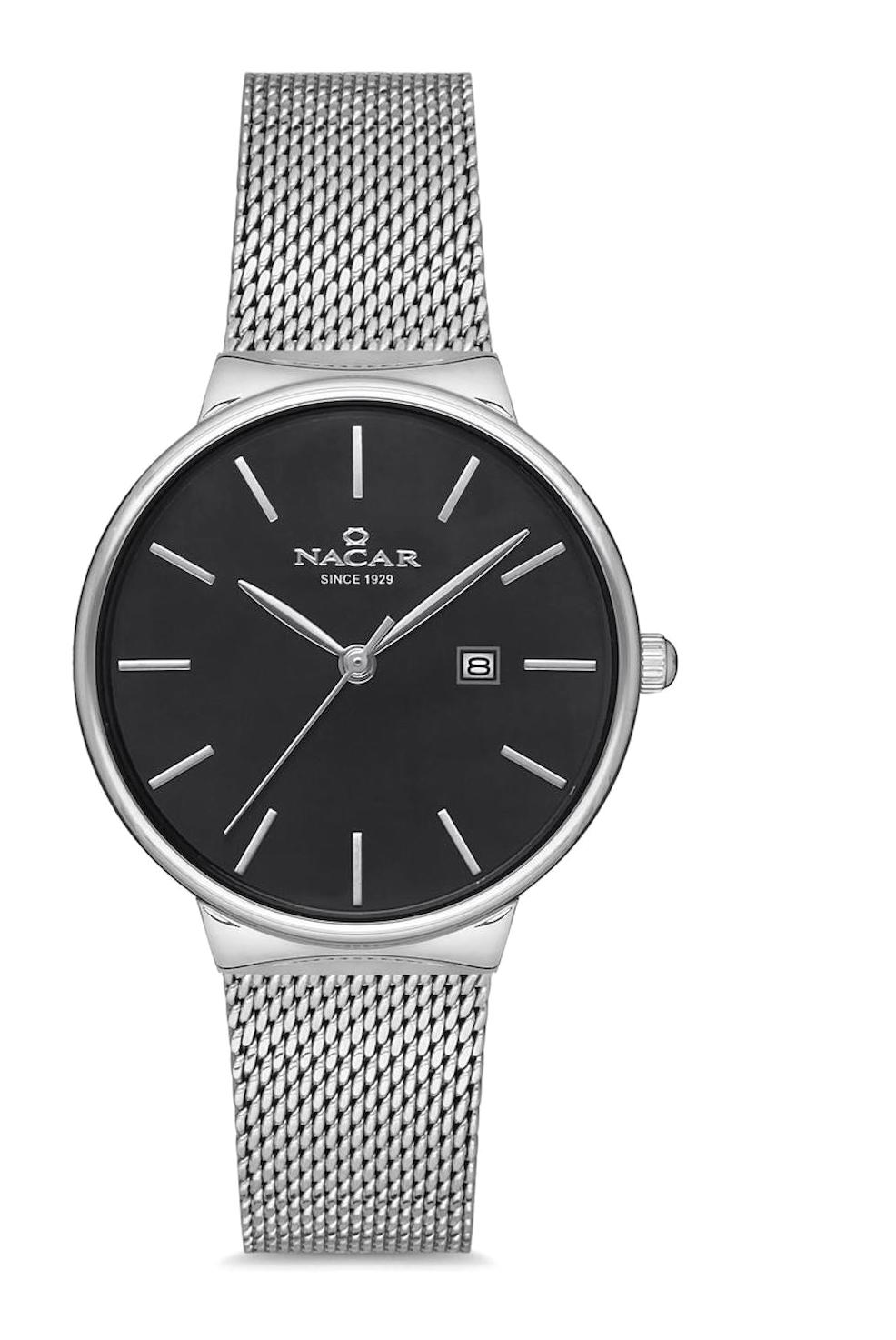 Nacar 34390431-ABSM Takvimli 32 mm Gri Hasır Kordon Analog Kadın Kol Saati