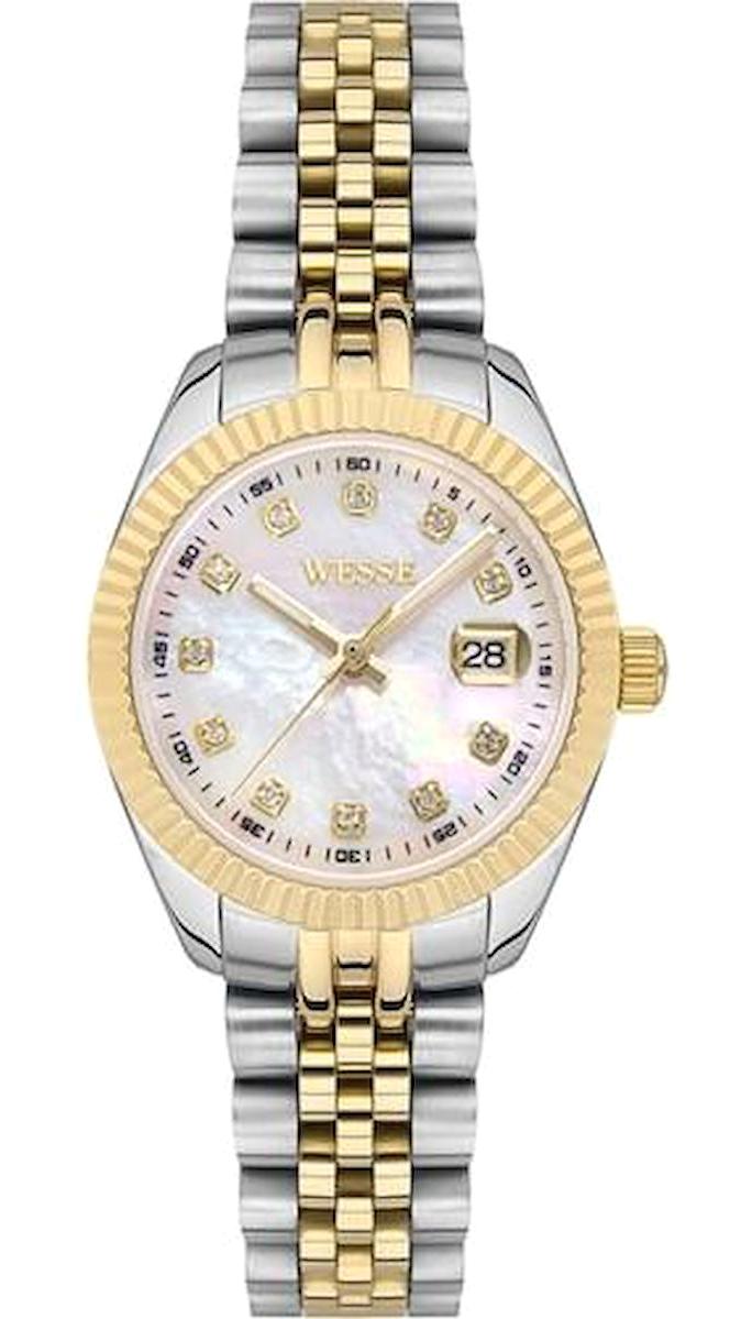 Wesse WWL302801 Takvimli 28 mm Altın-Gri Çelik Kordon Analog Kadın Kol Saati