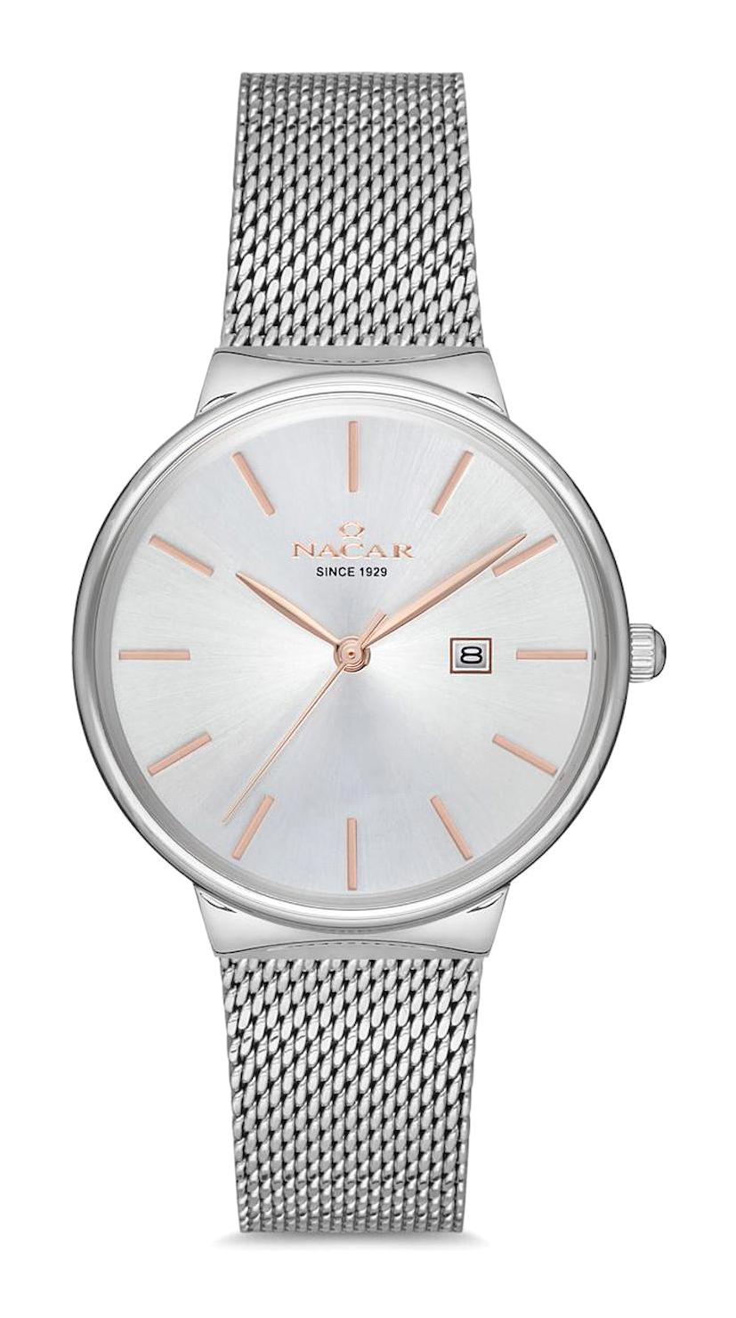 Nacar 34390431-ASRM Takvimli 32 mm Gri Hasır Kordon Analog Kadın Kol Saati