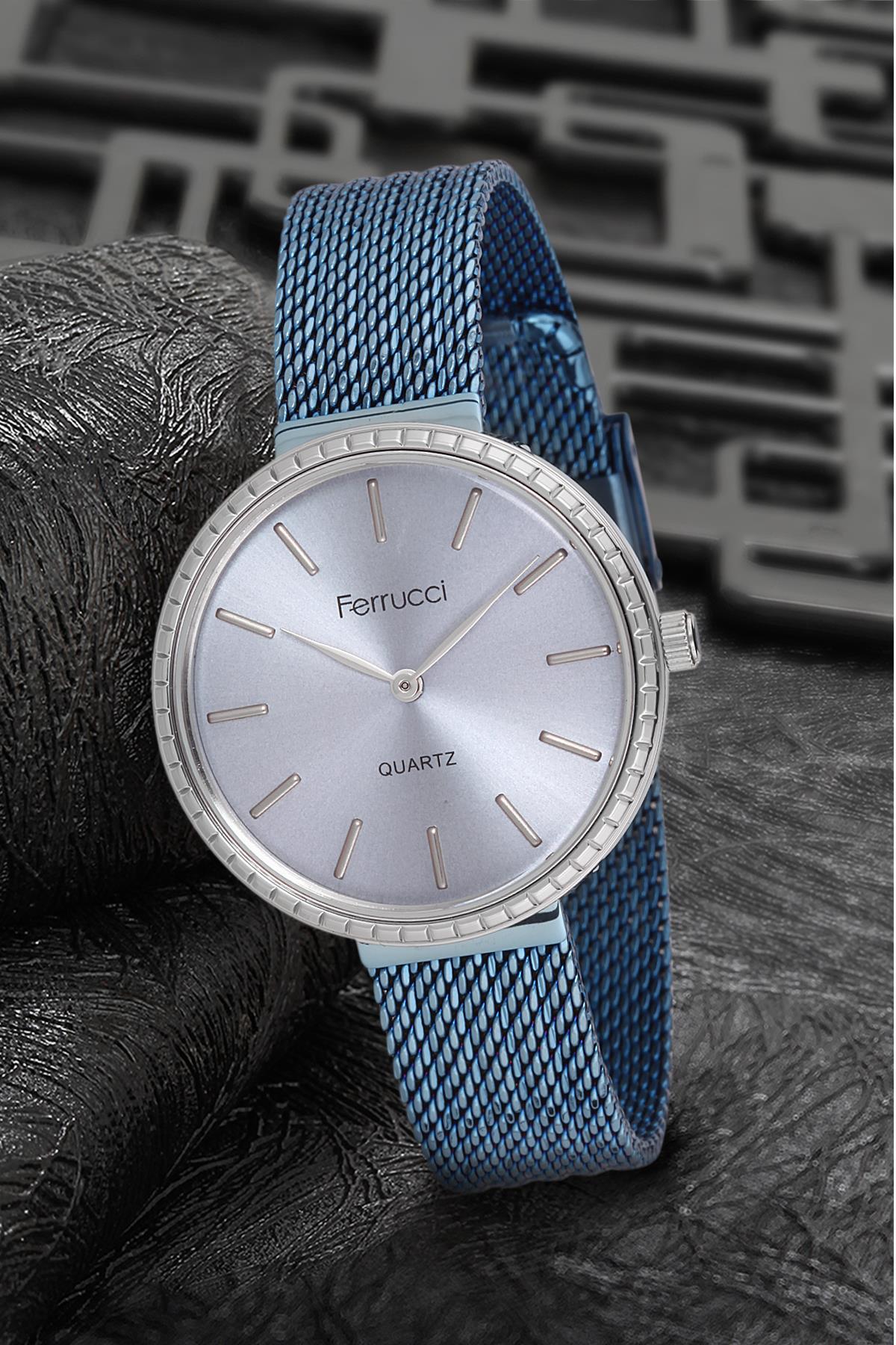 Ferrucci 9FM2032 38 mm Mavi Çelik-Hasır Kordon Analog Kadın Kol Saati