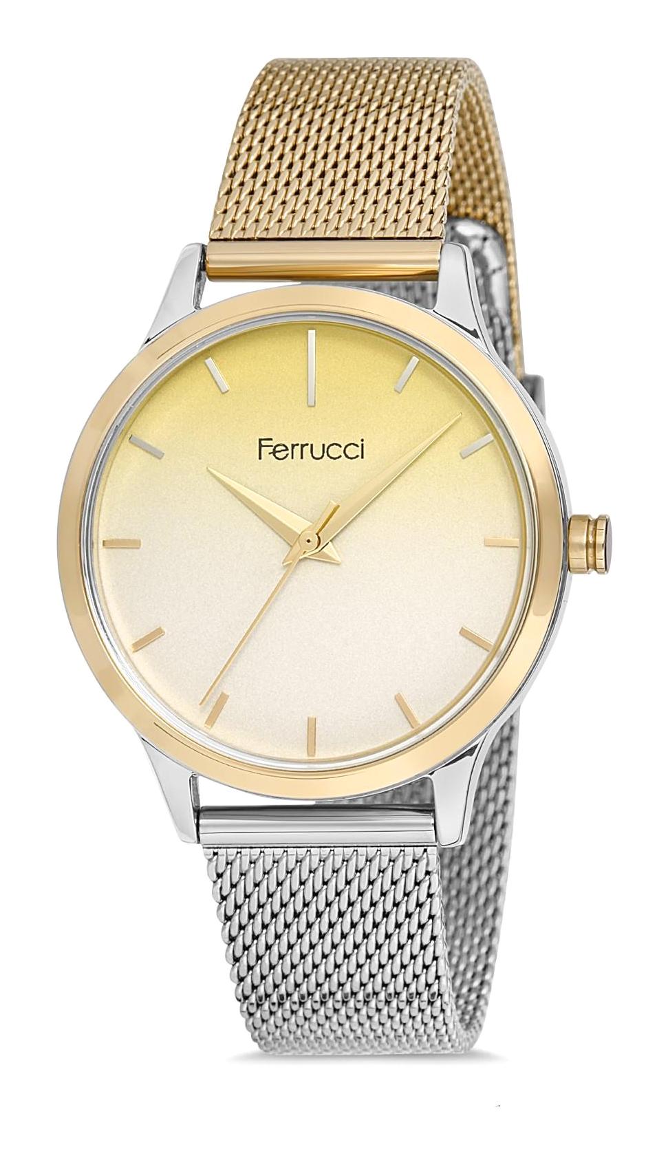 Ferrucci 9FM2053 38 mm Gri-Sarı Çelik-Hasır Kordon Analog Kadın Kol Saati