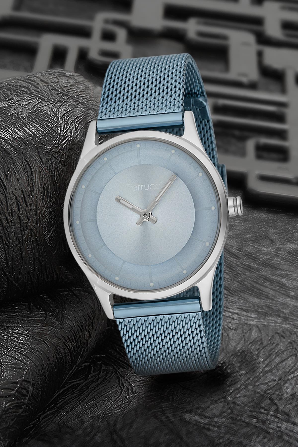 Ferrucci 9FM2422 38 mm Mavi Çelik-Hasır Kordon Analog Kadın Kol Saati