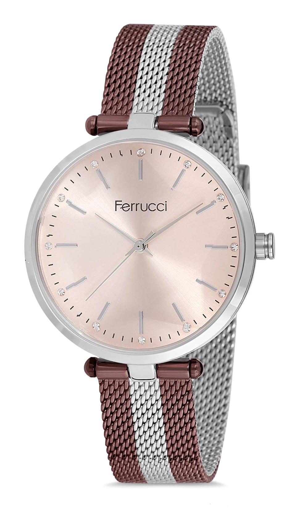 Ferrucci 9FM2375 38 mm Gri - Kahverengi Çelik-Hasır Kordon Analog Kadın Kol Saati