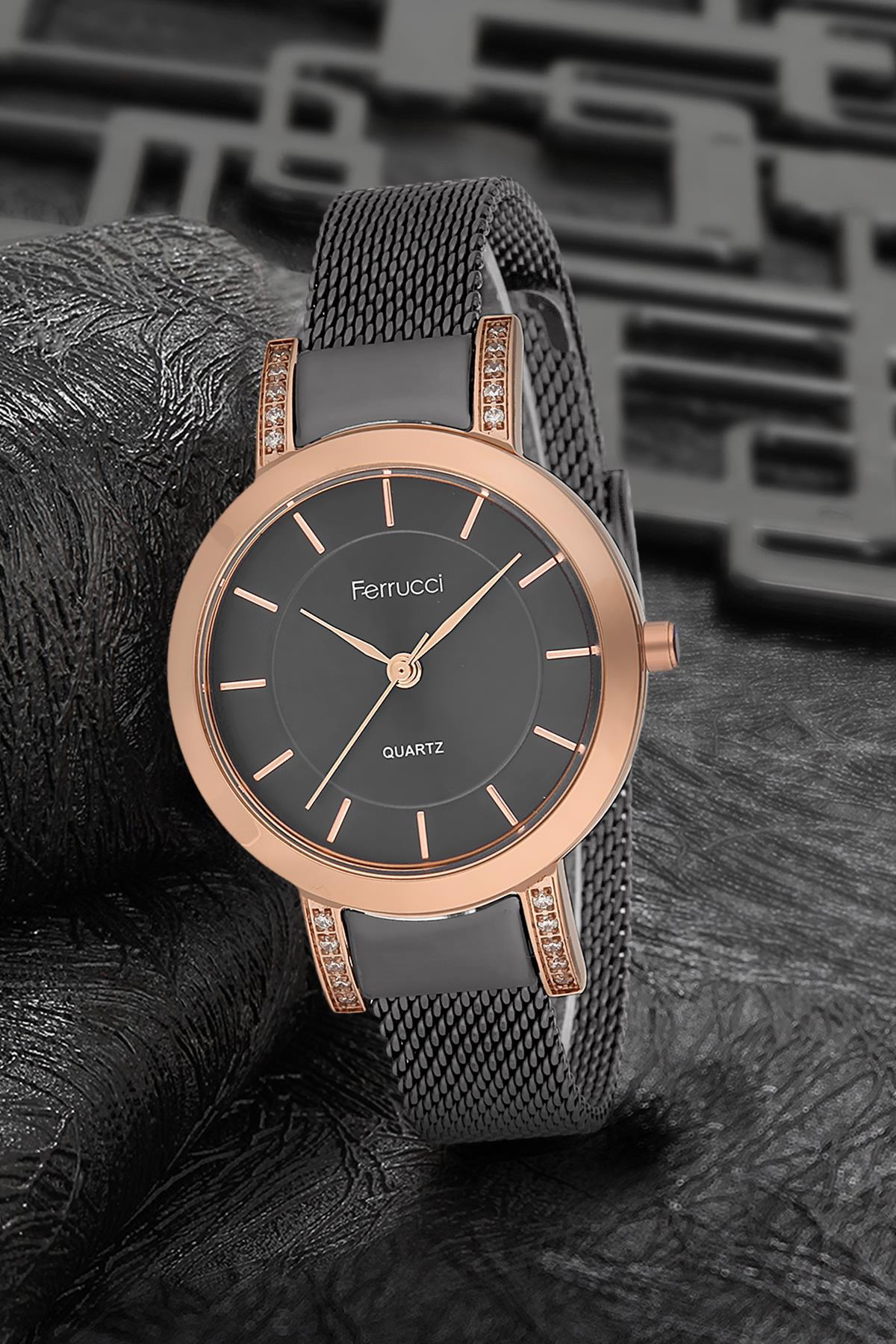 Ferrucci 9FM2404 38 mm Siyah Çelik-Hasır Kordon Analog Kadın Kol Saati