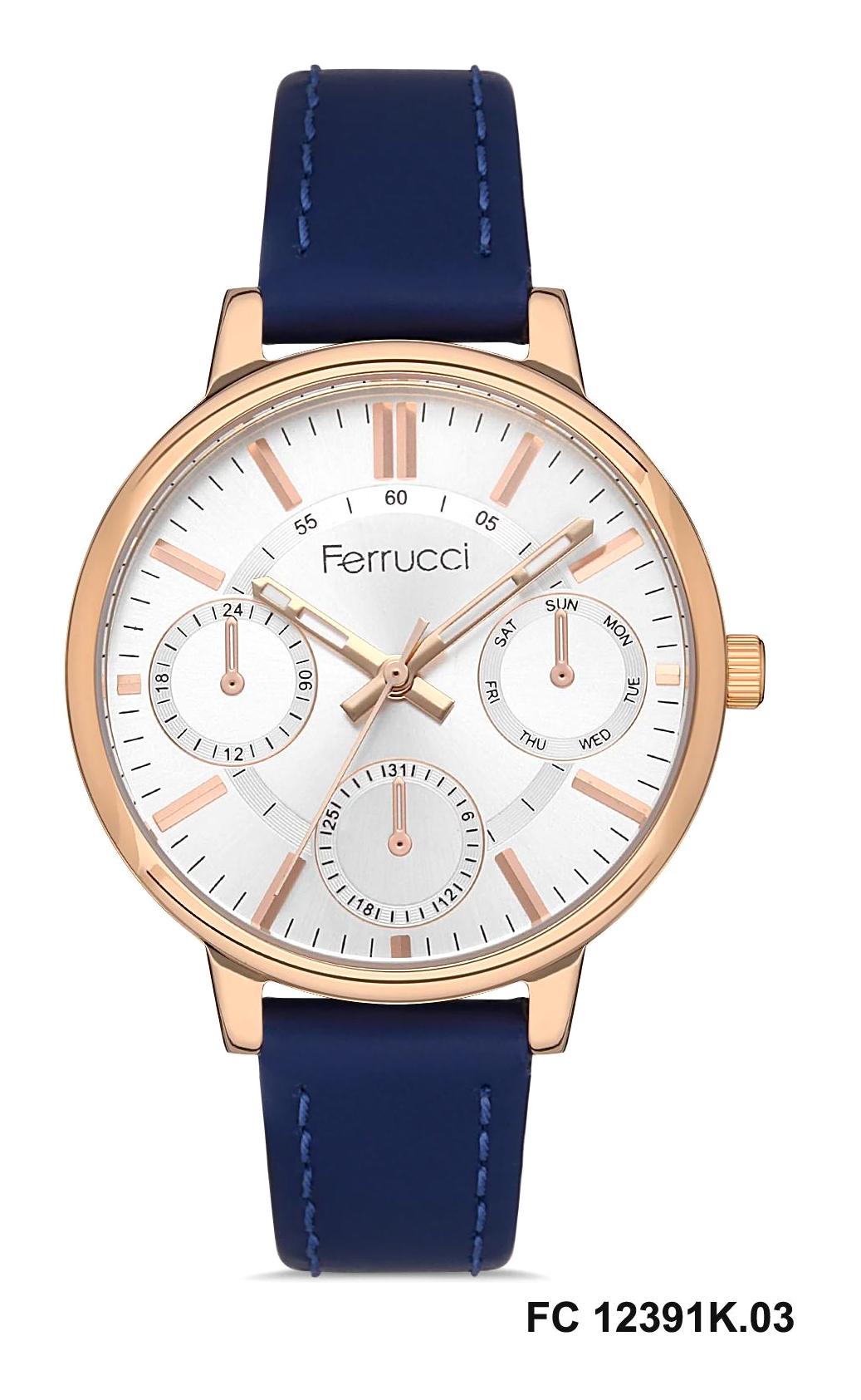 Ferrucci FC.0123.12391K.03 Takvimli 36 mm Lacivert Deri Kordon Analog Kadın Kol Saati