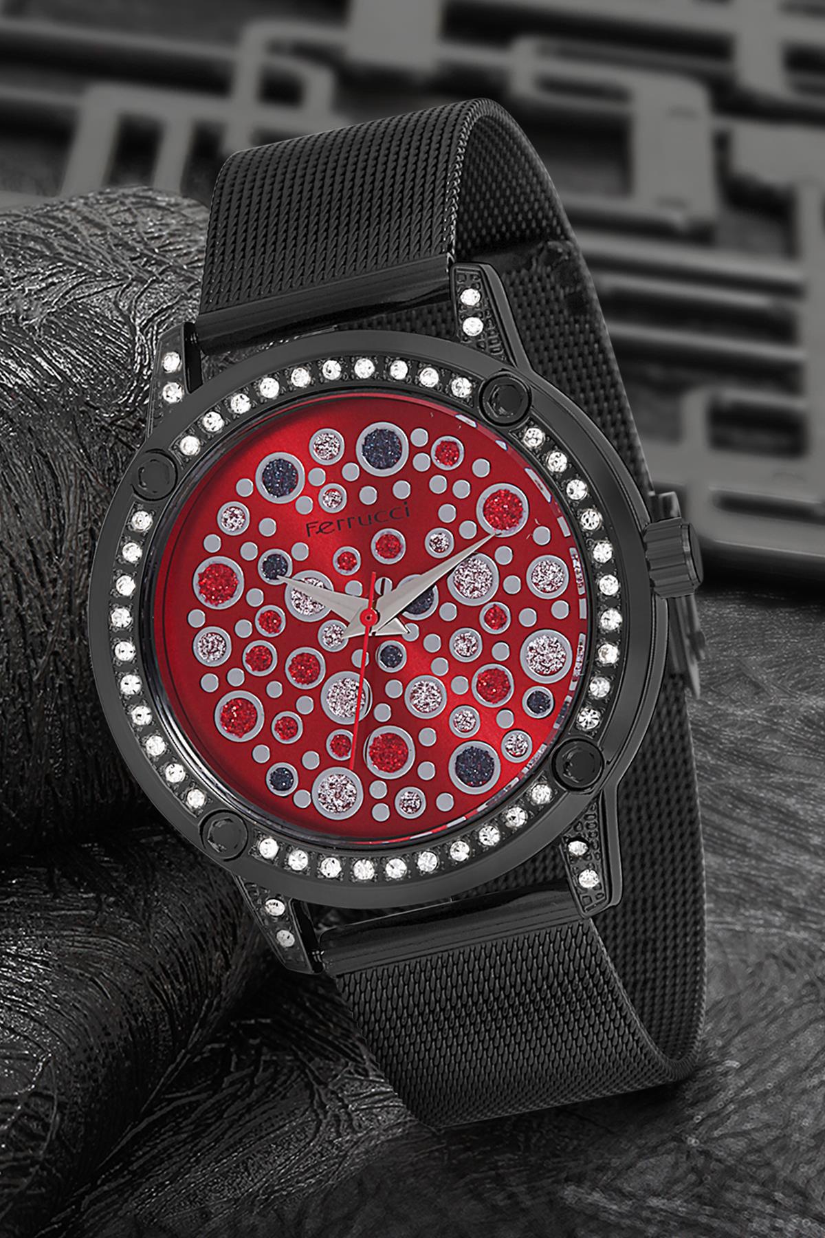 Ferrucci 9FM1519 38 mm Siyah Çelik-Hasır Kordon Analog Kadın Kol Saati