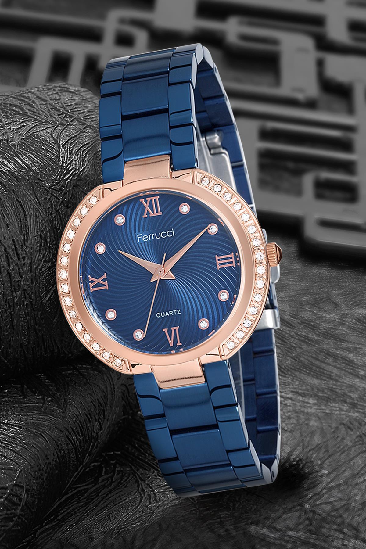 Ferrucci 9FM1585 38 mm Mavi Metal Kordon Analog Kadın Kol Saati