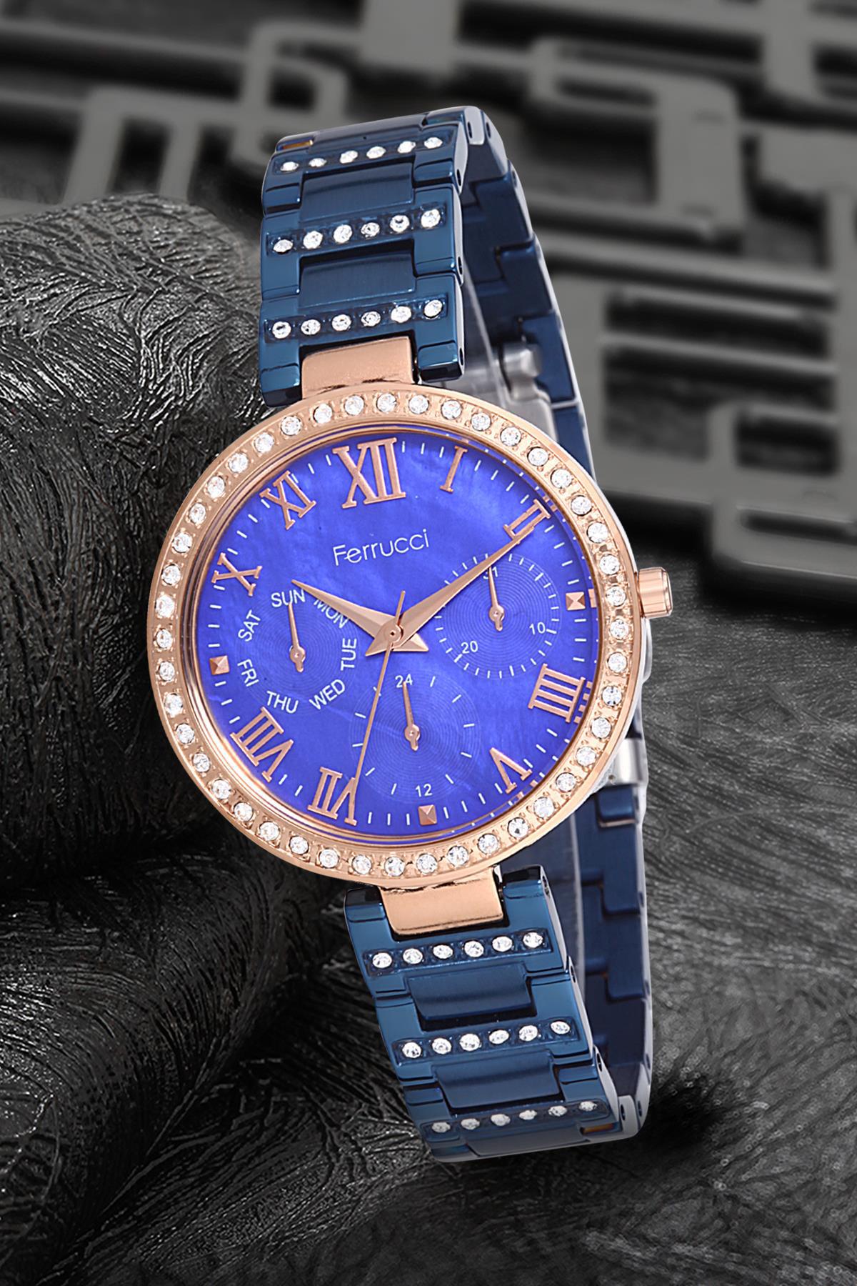 Ferrucci 9FM1677 38 mm Gri-Lacivert Metal Kordon Analog Kadın Kol Saati