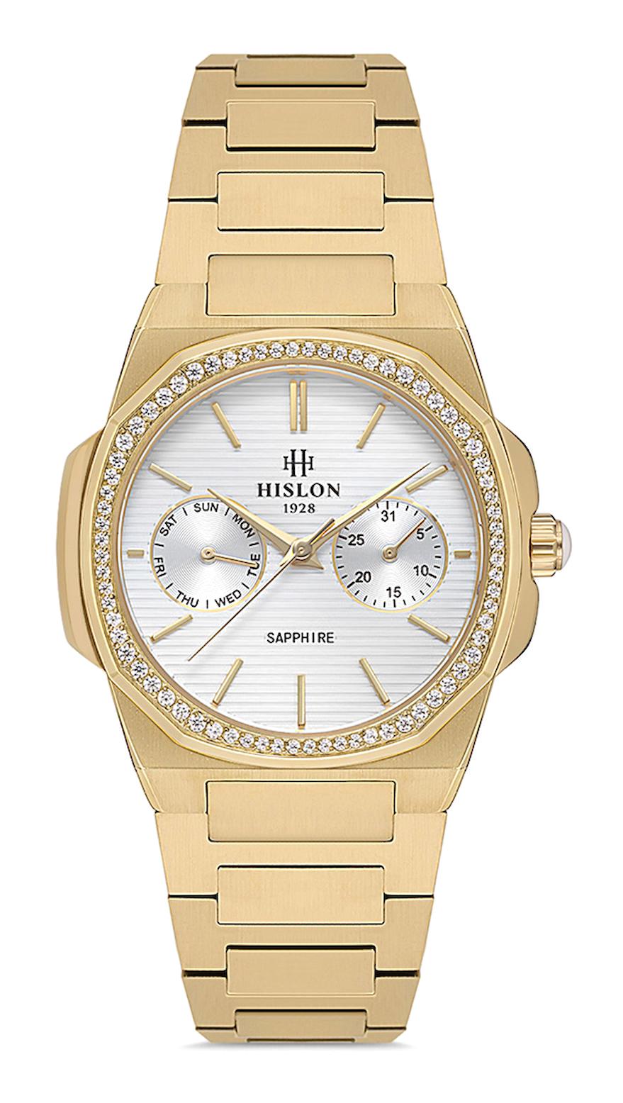 Hislon QT127G-10SG Takvimli 33 mm Altın Çelik Kordon Analog Kadın Kol Saati