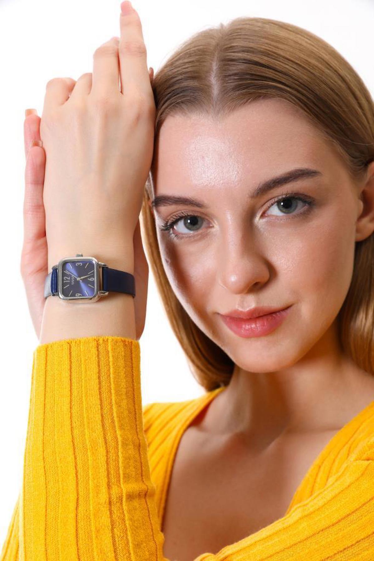 Oqqo 20 mm Lacivert Deri Kordon Analog Kadın Kol Saati