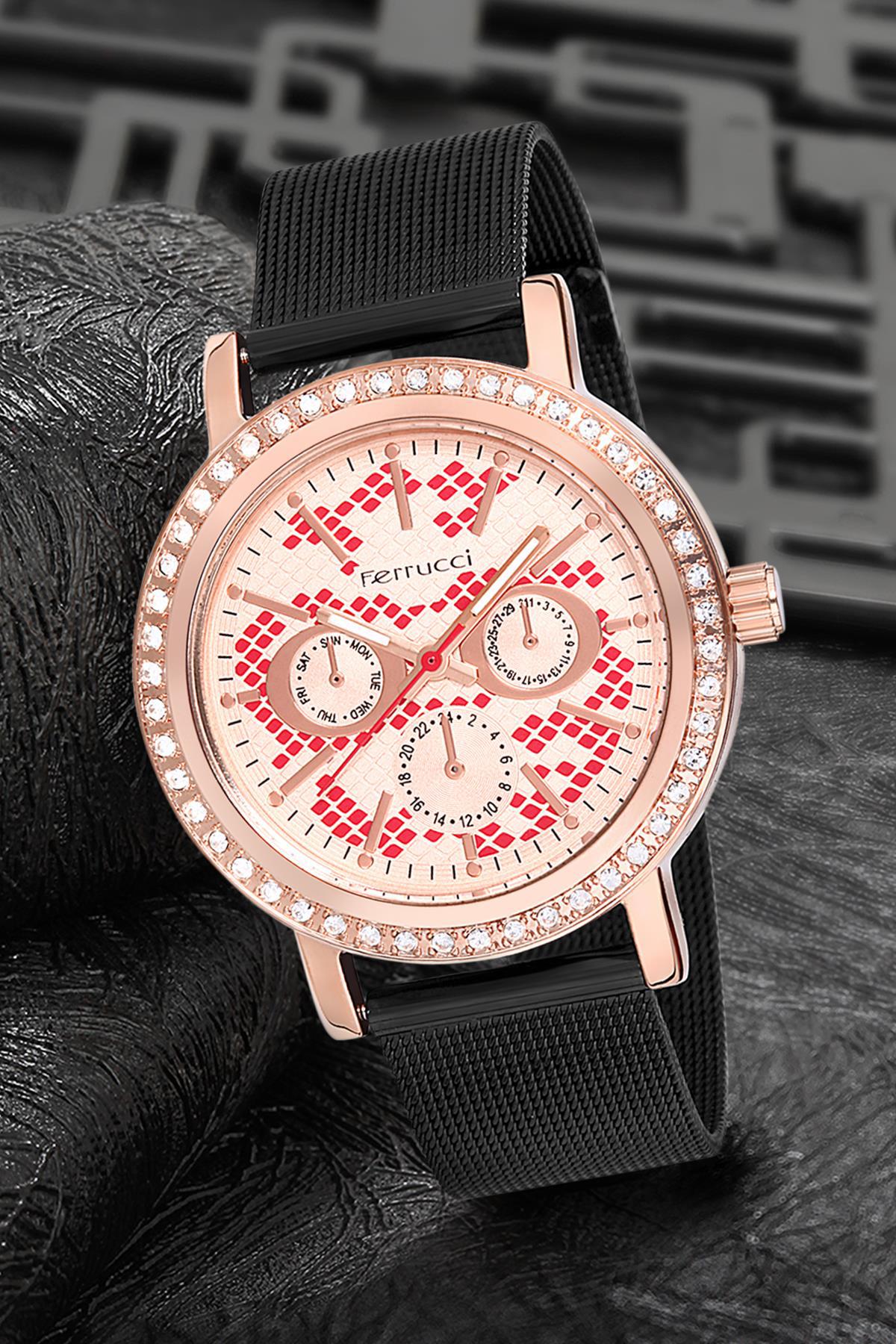 Ferrucci 9FM1756 38 mm Siyah Çelik-Hasır Kordon Analog Kadın Kol Saati