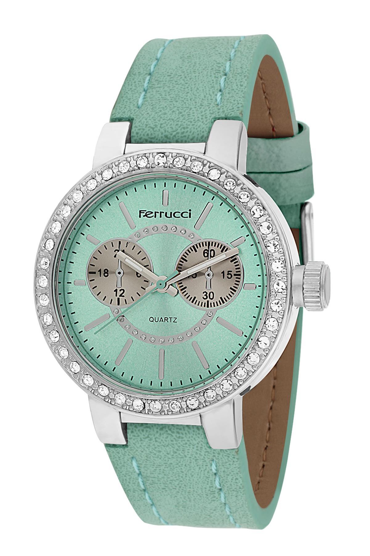 Ferrucci 8FK501 Takvimli 38 mm Yeşil Deri Kordon Analog Kadın Kol Saati
