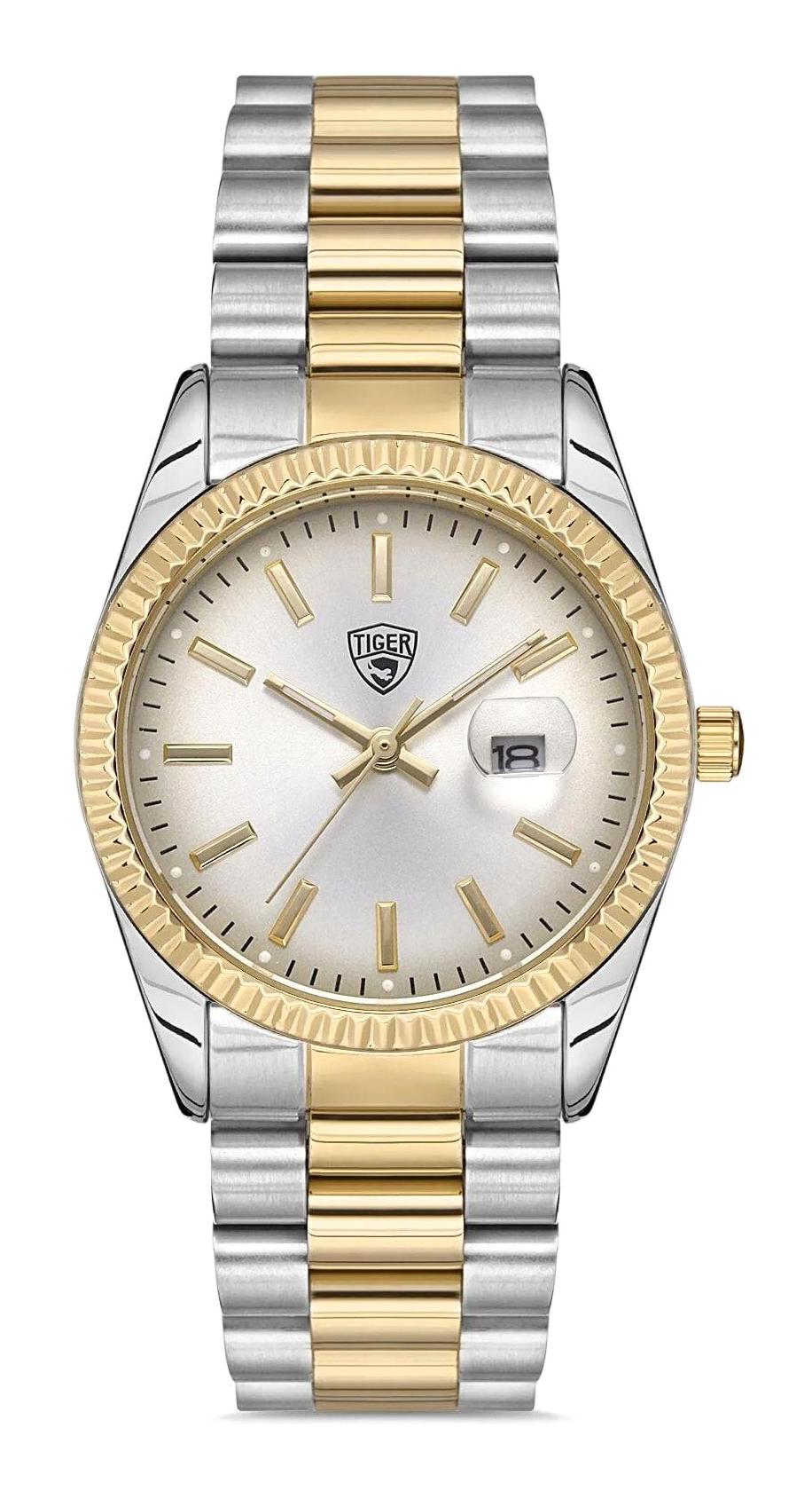 Tiger Takvimli 41-45 mm Altın-Gri Çelik Kordon Analog Kadın Kol Saati