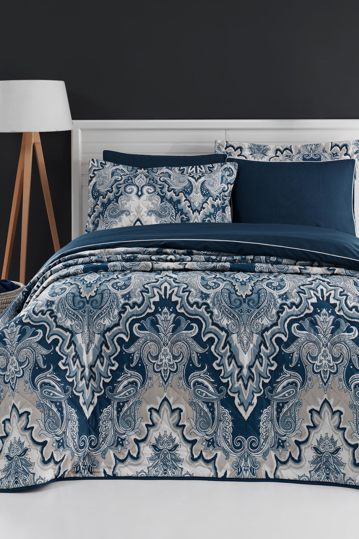 Altınbaşak Tegan Denim Pamuk 160x220 cm Lastikli Çarşaflı Etnik Tek Kişilik Nevresim Takımı Lacivert