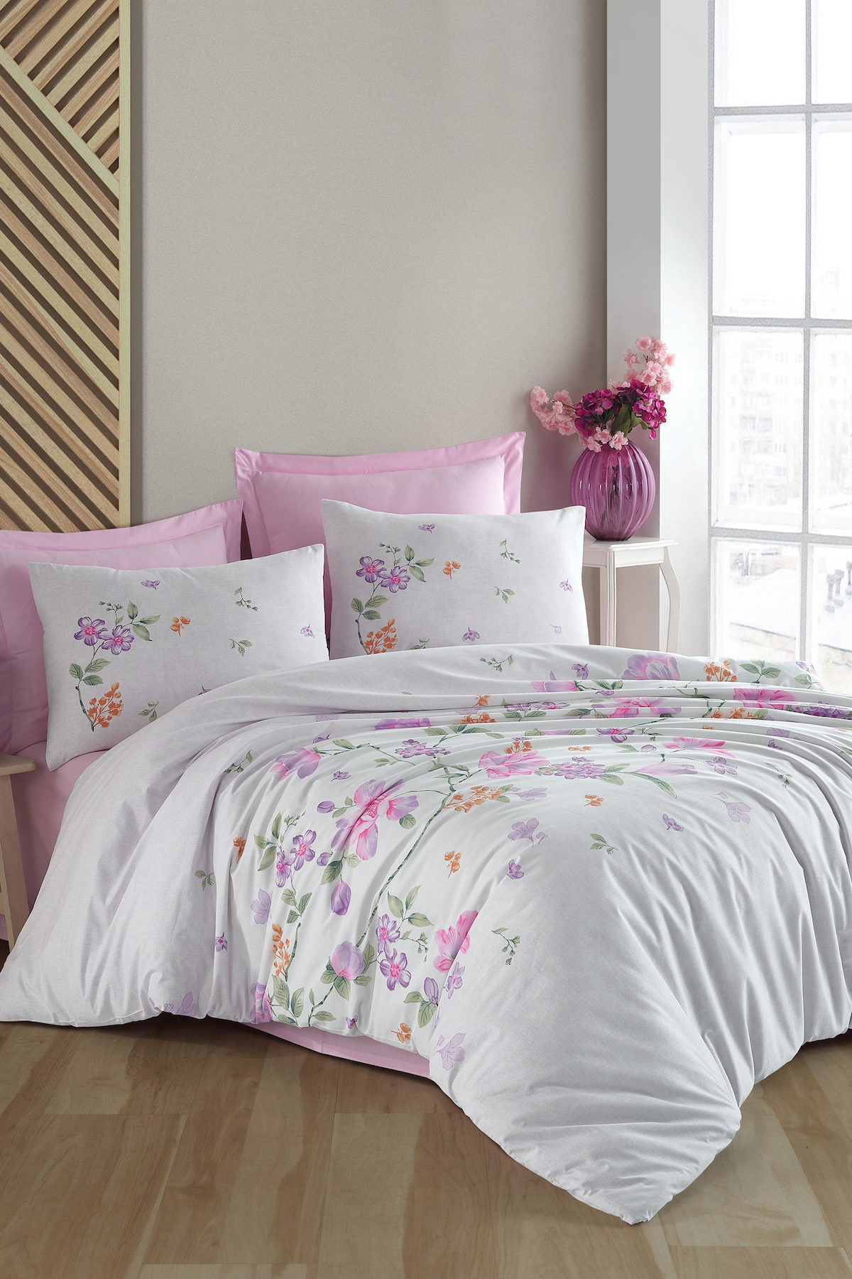 Altınbaşak Astrid Puce Pamuk-Polyester 160x220 cm Çarşaflı Çiçek Tek Kişilik Nevresim Takımı Beyaz-Pembe