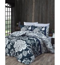 Komfort Home Deluxe Crista Saten 160x220 cm Çarşaflı Çiçek Tek Kişilik Nevresim Takımı Gri-Lacivert