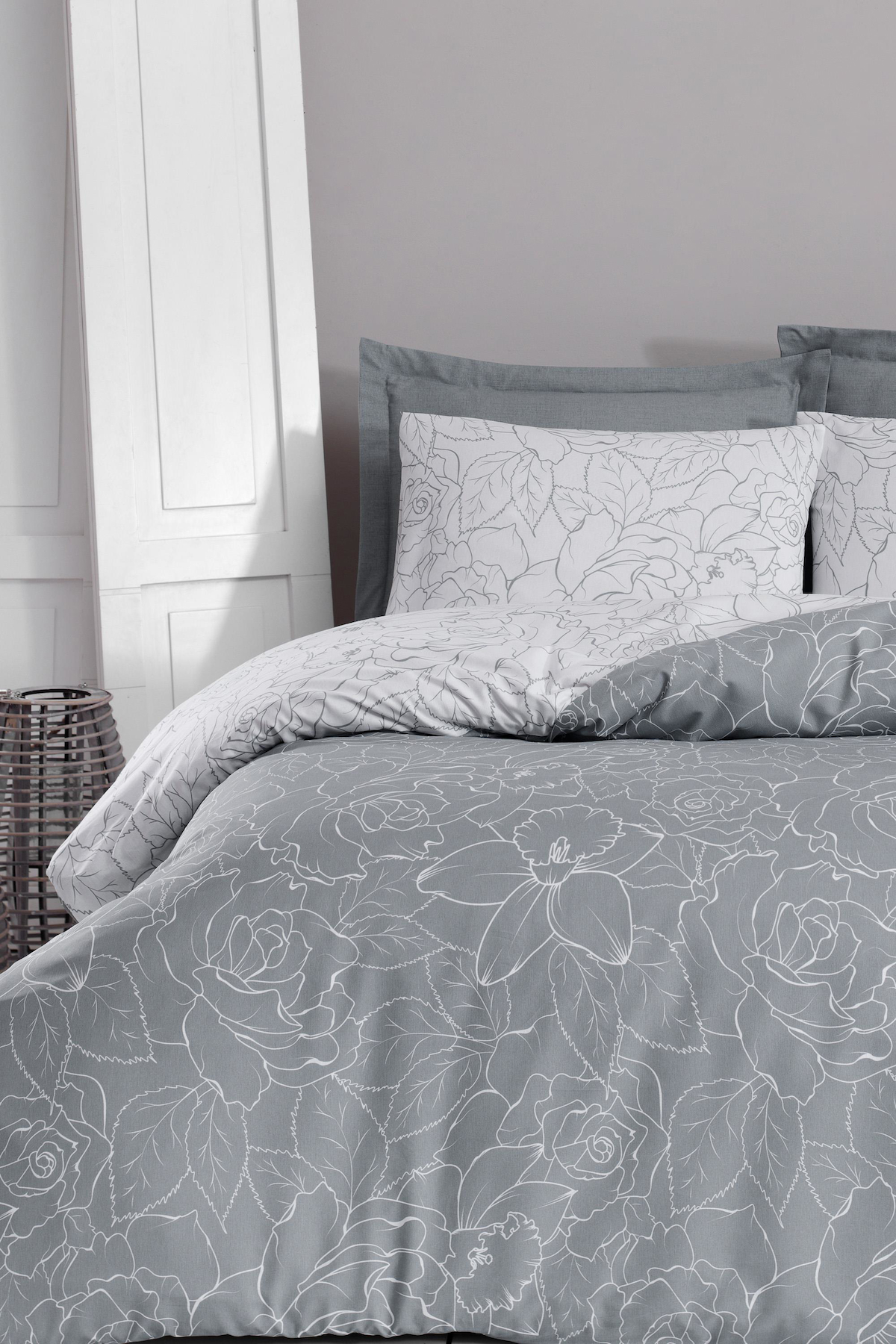 Altınbaşak Eve Coin Pamuk-Polyester 160x220 cm Lastikli Çarşaflı Çiçek Tek Kişilik Nevresim Takımı Gri