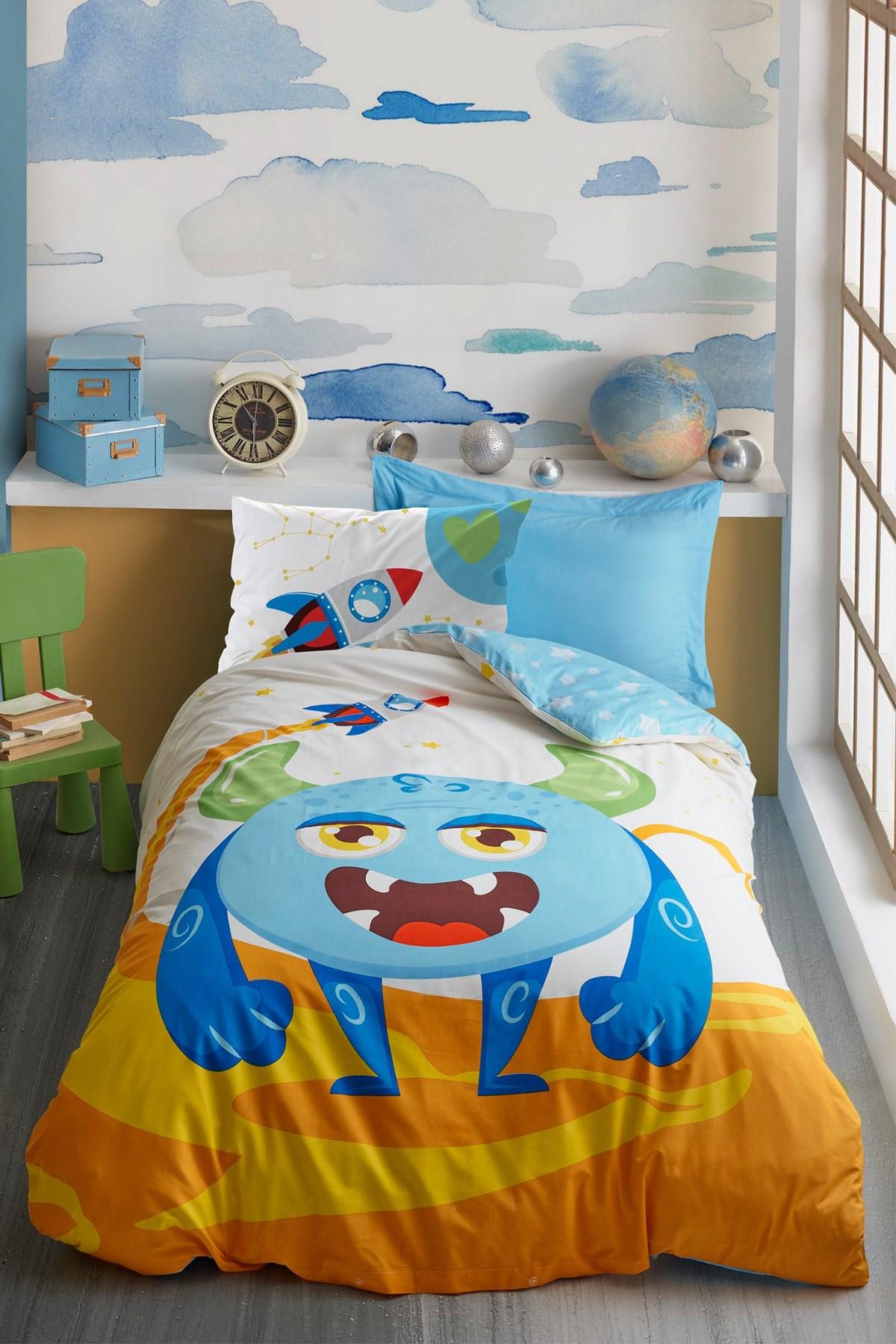 Cotton Box Junior Giant Pamuklu 160x220 cm Çarşaflı Çizgi Kahraman Tek Kişilik Nevresim Takımı Mavi