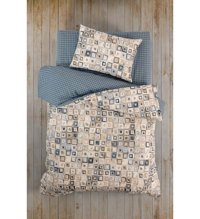 Casa Carina Quadra Pamuklu 160x220 cm Lastikli Çarşaflı Geometrik Tek Kişilik Nevresim Takımı Mavi