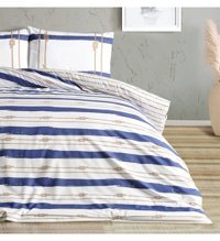 Doqu Home Marine Serene Pamuk 160x220 cm Lastikli Çarşaflı Çizgili Tek Kişilik Nevresim Takımı Beyaz