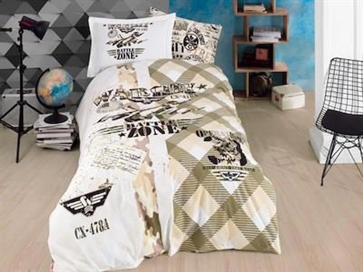 Hobby Sky Force Poplin 160x220 cm Çarşaflı Yazılı Tek Kişilik Nevresim Takımı Beyaz-Yeşil