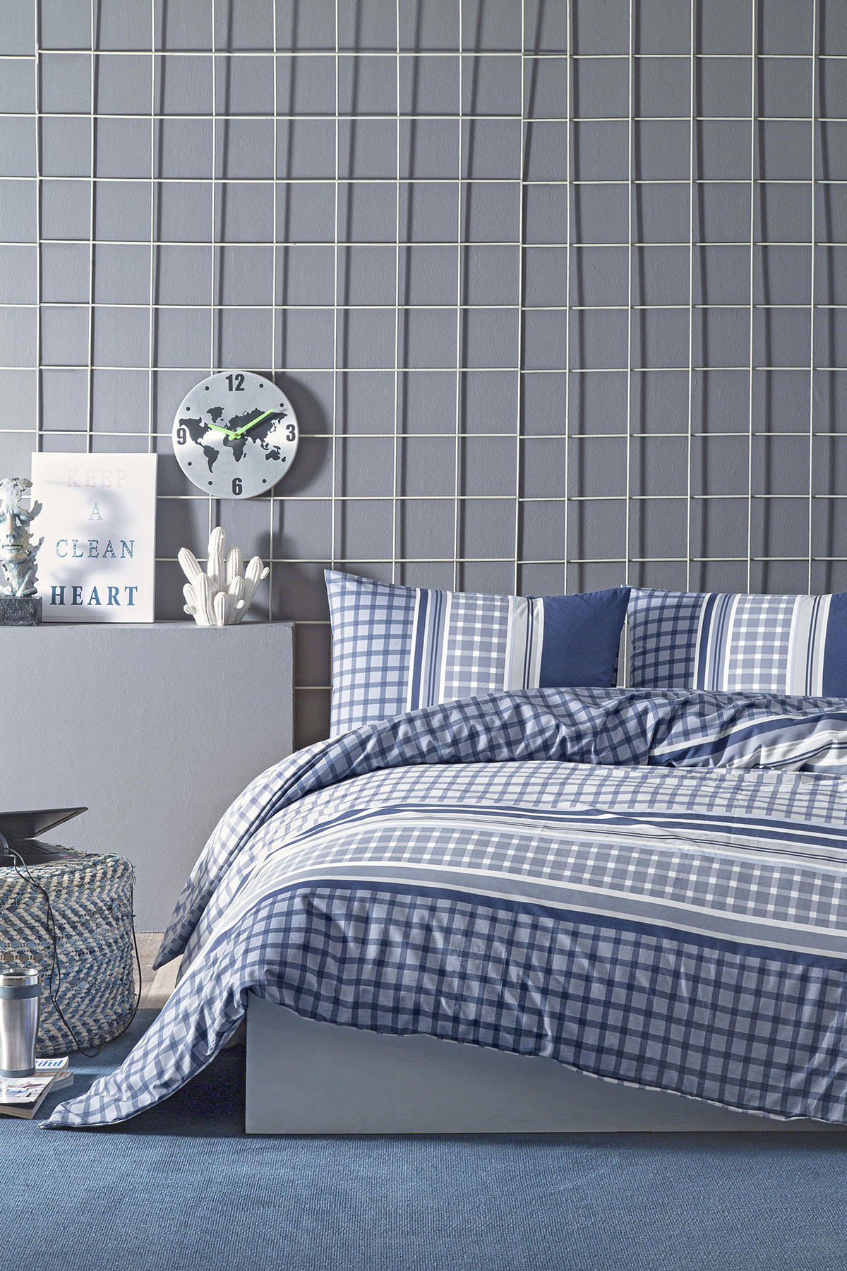 Floretta Lignes Bleues Pamuklu 160x220 cm Çarşaflı Geometrik Tek Kişilik Nevresim Takımı Mavi