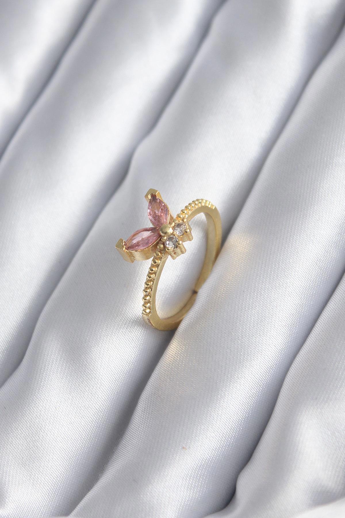 Erbilden Pembe Zirkon Taşlı Kelebekli Tekli Pirinç Yüzük