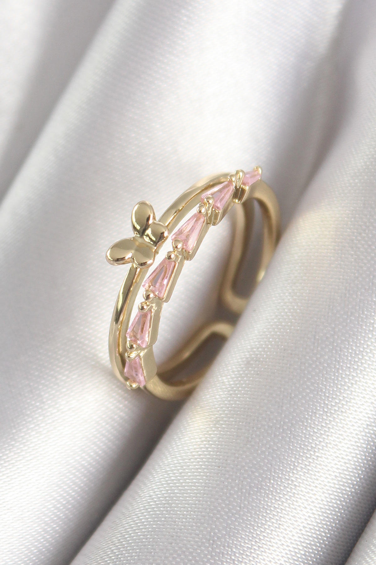 Stillove Pembe Zirkon Taşlı Kelebekli Ayarlanabilir Tekli Pirinç Yüzük