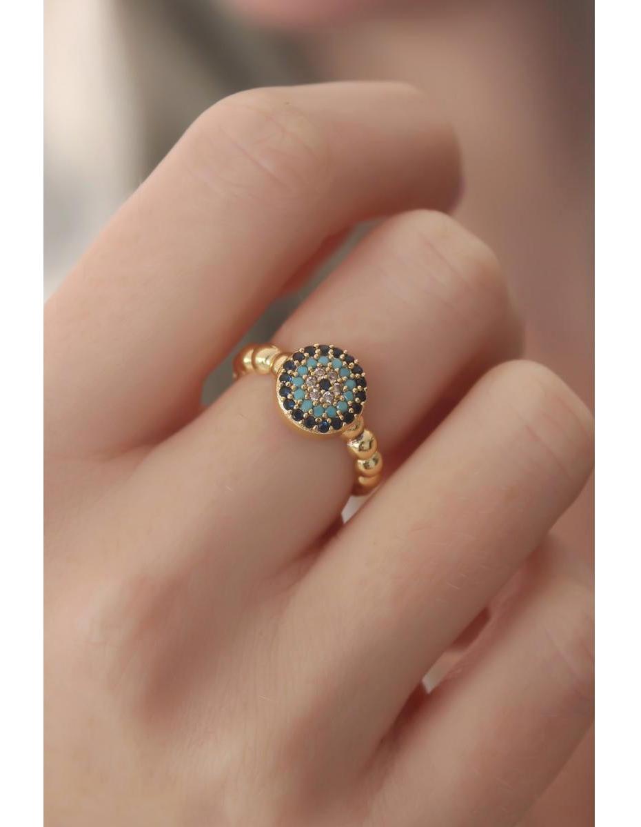 Ruby Mavi Zirkon Taşlı Nazar Boncuklu Ayarlanabilir Tekli Metal Yüzük