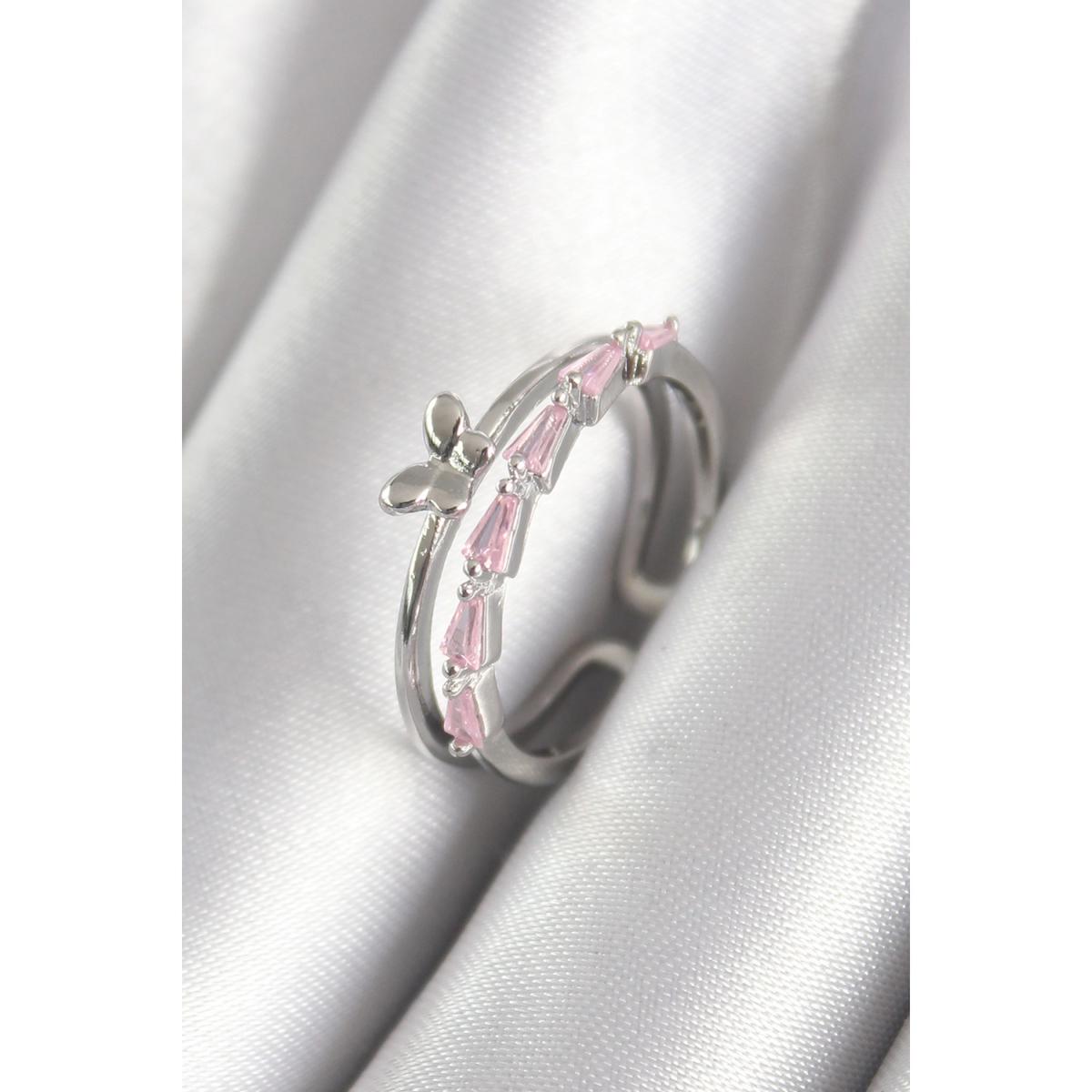 Ruby Beyaz-Pembe Zirkon Taşlı Kelebekli Ayarlanabilir Tekli Pirinç Yüzük