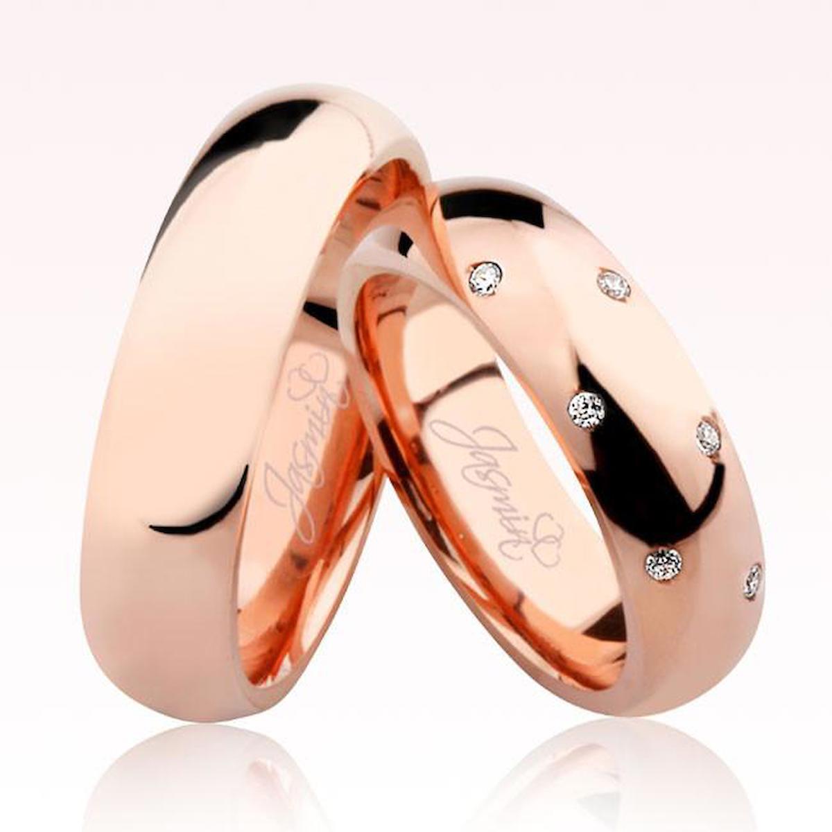 Harem Altın Beyaz Taşlı Bombeli 14 Ayar Rose Gold Altın Kadın Çift Alyans