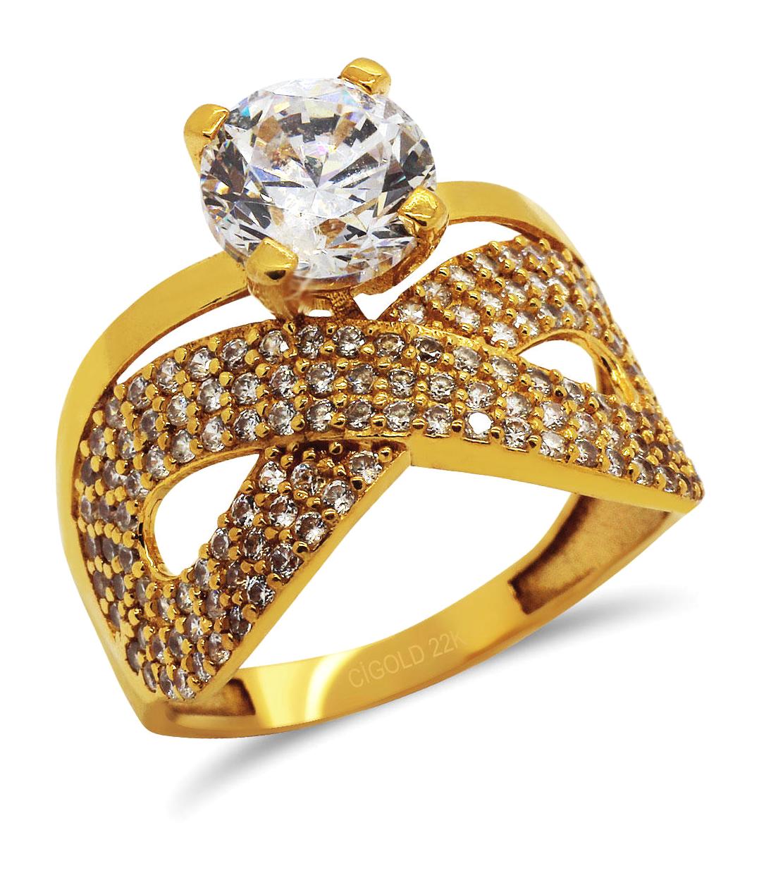 Cigold Beyaz Taşlı 22 Ayar Sarı Tektaş Kadın Alyans