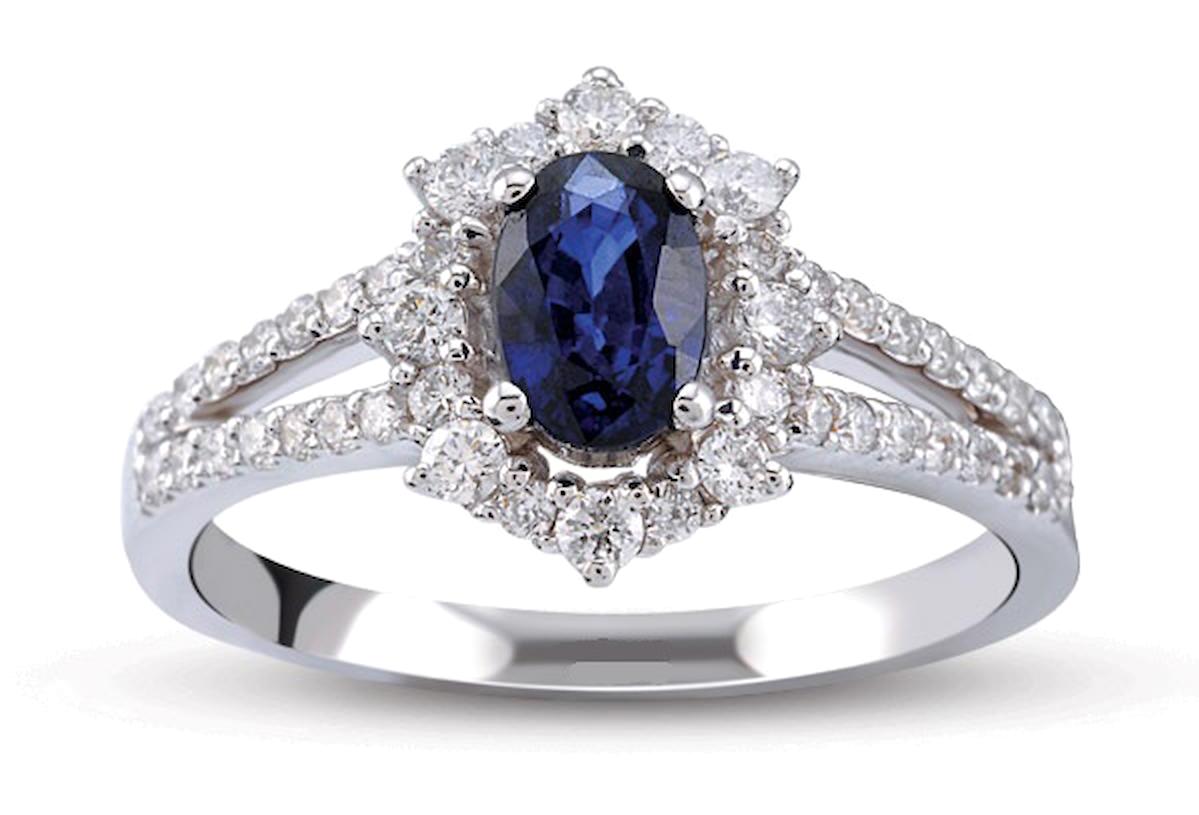 Harem Altın 1.02 Karat Oval Parlak Sertifikalı Beyaz-Mavi Pırlanta Yüzük