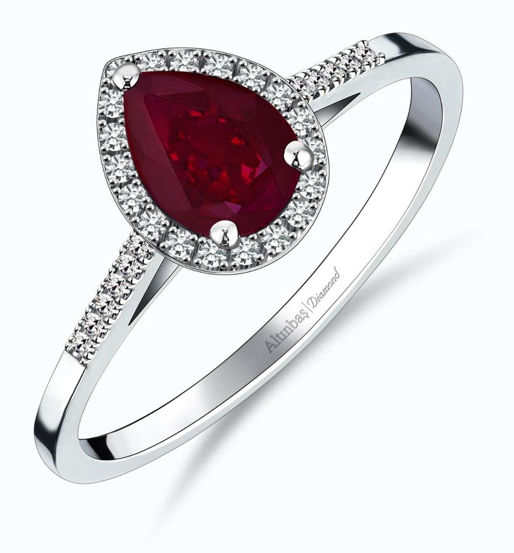 Altınbaş Damla Parlak Rhodolite Taşlı Beyaz-Kırmızı Pırlanta Yüzük