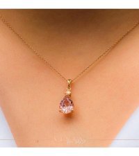 Venta Pırlanta 1.69 Karat Damla-Yuvarlak Kesim Morganit Taşlı 14 Ayar Altın Pırlanta Kolye 42 Cm