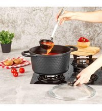 Kahramanlar Motto Cam Kapaklı Döküm-Granit 20 cm Derin Tencere