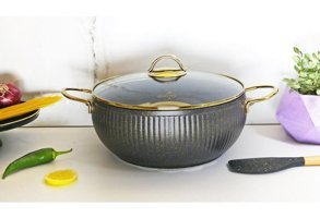 İstiridye Gold Cam Kapaklı Granit 28 cm Derin Tencere