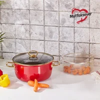 Karaca Mutfaksever Retro Cam Kapaklı Emaye 22 cm Derin Tencere Kırmızı