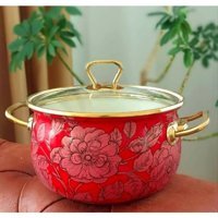 Ebruli Emaye Vintage Cam Kapaklı Emaye 18 cm Derin Tencere