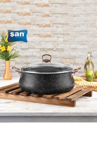 Şan No:22 Cam Kapaklı Granit 22 cm Derin Tencere Beyaz Siyah