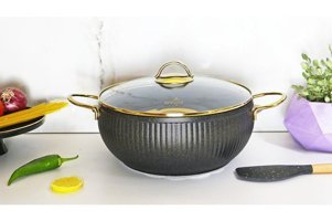 İstiridye Gold Cam Kapaklı Granit 26 cm Derin Tencere